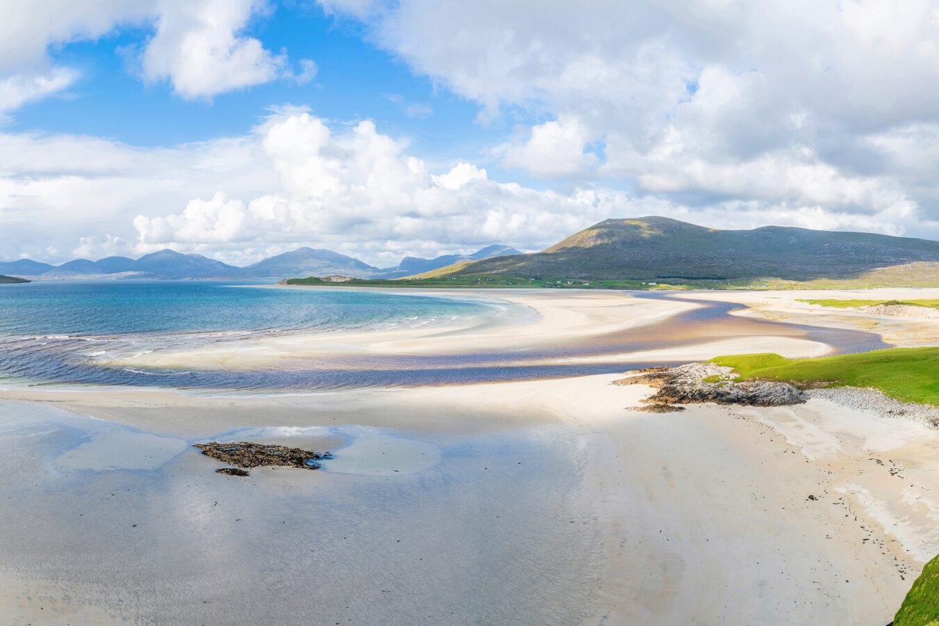 Luskentyre Beach: A pristine Scottish coastal paradise with turquoise waters, golden sands, and scenic hills.